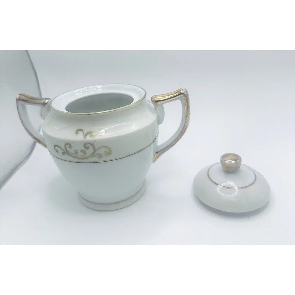 Vintage HANO Painted Japan Covered Sugar Bowl Gold Scroll Handles